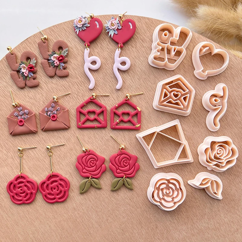 Valentine's Days Rose Flower Polymer Clay Cutters Love Envelope Balloon Pottery Clay DIY Earring Embossing Jewelry Cutter Tools