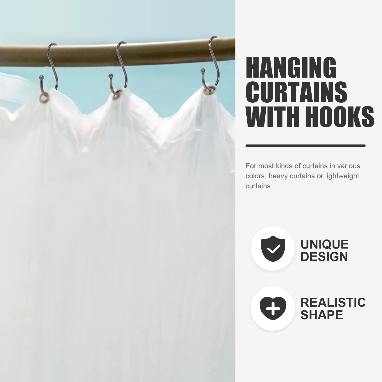 

12Pcs Shower Curtain Hooks Metal S-Shape Rings Sturdy Iron Hanging Clips for Thick Lightweight Curtains Bathroom Home Decoration