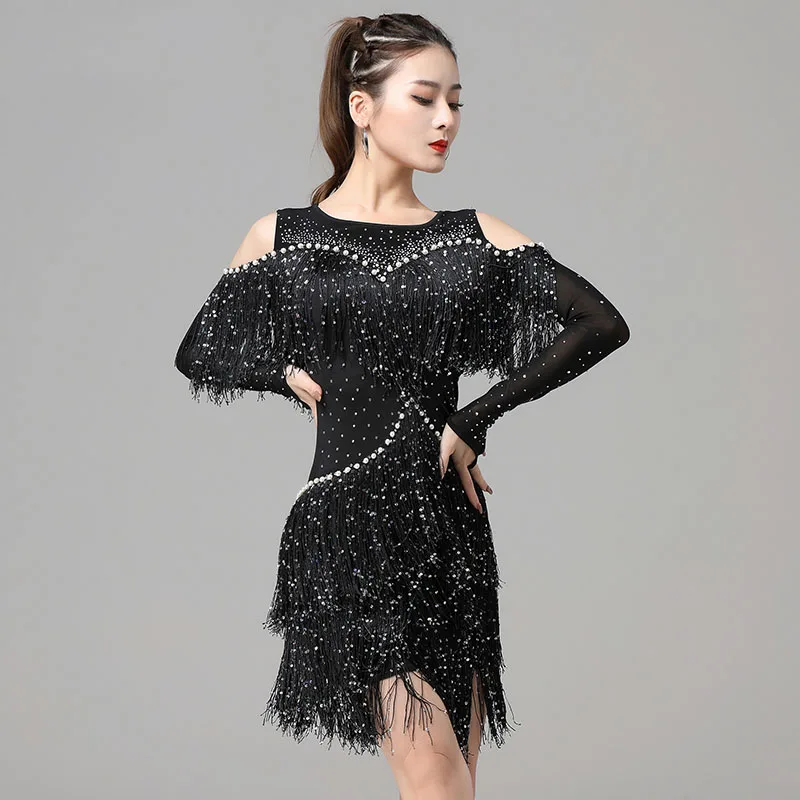 

New Latin Dance Performance Dress Adult Sexy Long Sleeve Dress Latin Competition Ballroom Swing Salsa Rumba Smooth Dance Dress