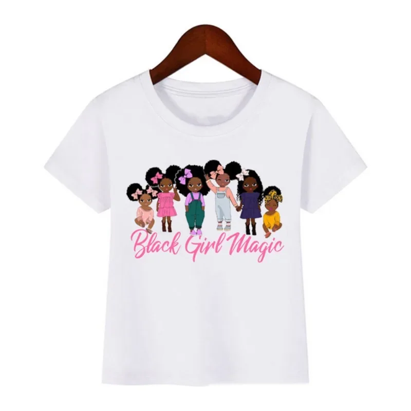 African Black Girl Cartoon Printed Children's White T-shirt Modal Crew-neck Short-sleeved Base Kids Clothes  Girls Clothes