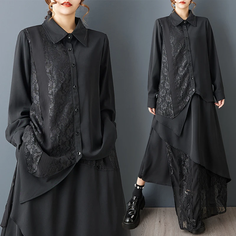

Spring Fashion Loose Lace Patchwork Shirt Asymmetrical Hemline Skirt Polyester Fiber Long Sleeve Collar Multi-Purpose