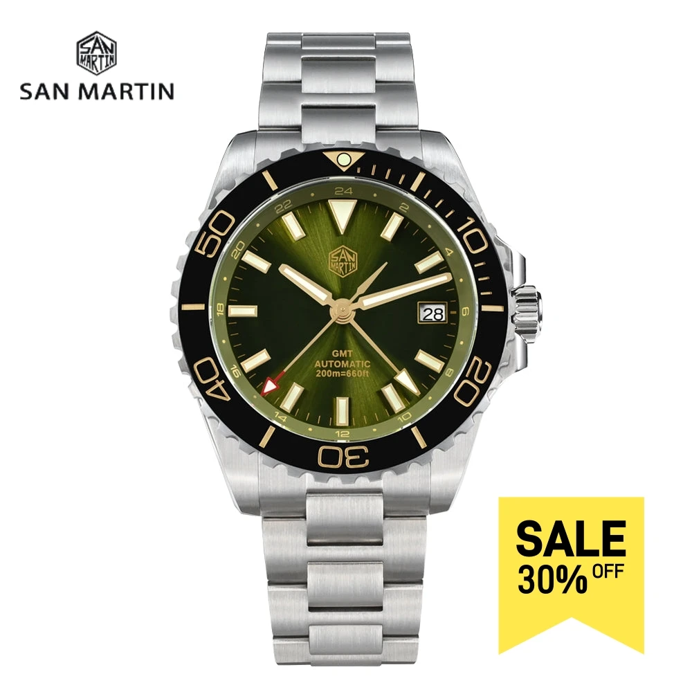 San Martin 39mm diver GMT hodinky smalt ciferník NH34 nerez ocel luxusní muži hodinky automatický mechanická safír světelný SN0136