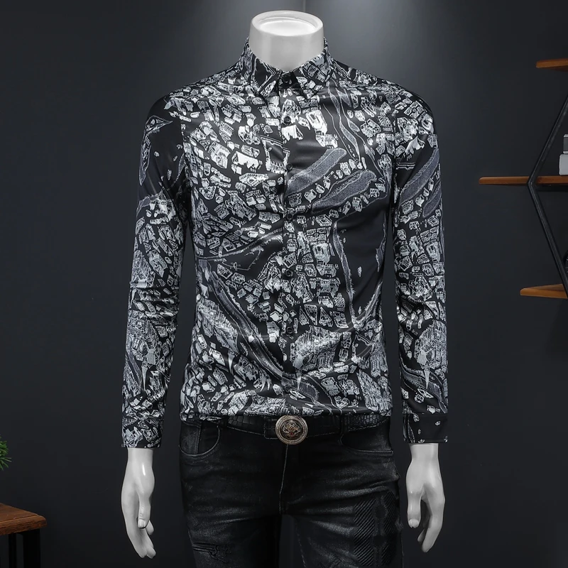 

Мужские рубашки с длинными рукавами и принтом в стиле ретро, весенние тонкие повседневные деловые классические рубашки, уличная социальная одежда, топы большого размера, мужская одежда