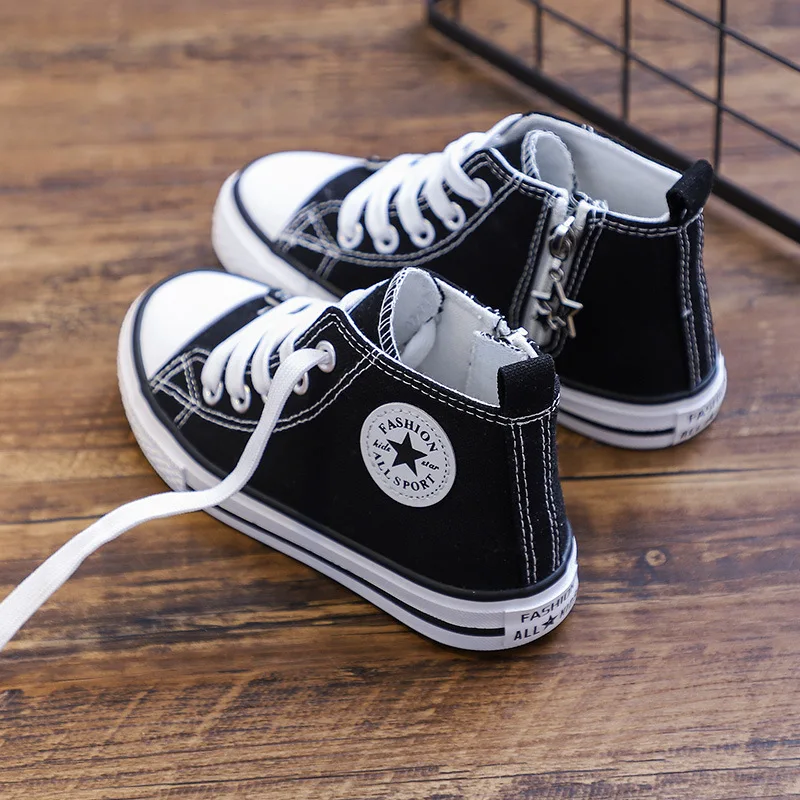 

New Spring Boy Girl Lace-Up Casual Sneakers Children High-Top Canvas Shoe Kid Casual Shoe Outdoor Skate Cotton-lined Canvas Shoe