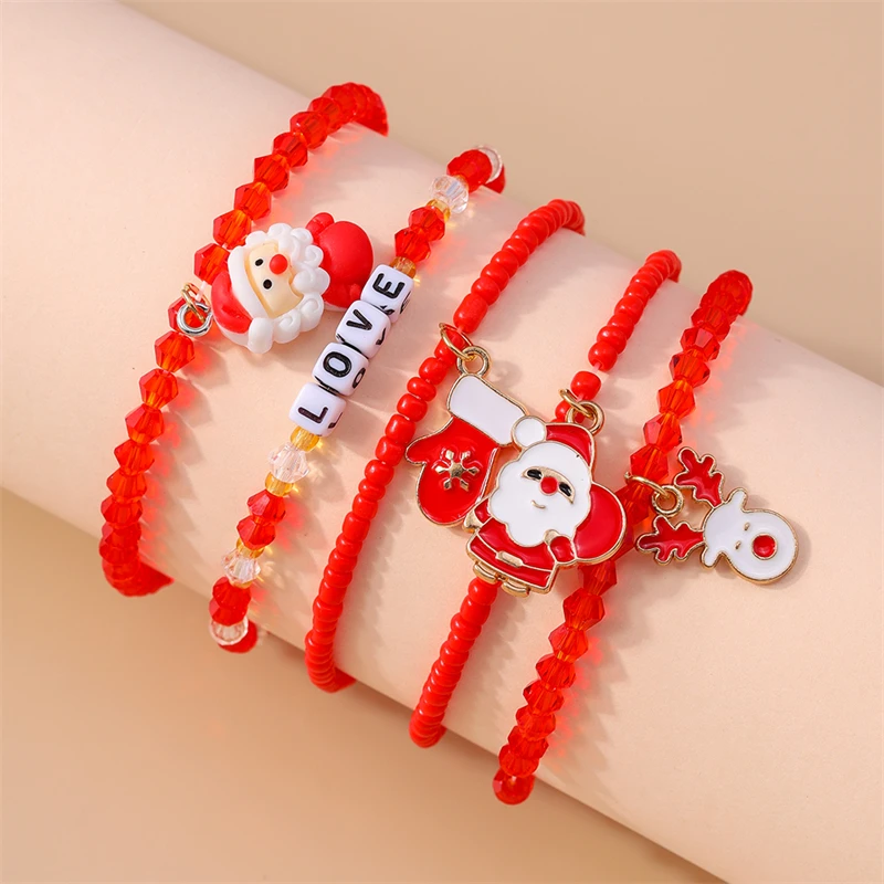5-teiliges Set Bohemian Handgemachte Perlenarmbänder für Frauen, Weihnachts-Hirsch- und Weihnachtsmann-Anhänger-Armbänder, Festivalschmuckgeschenke für Mädchen – Detail 1