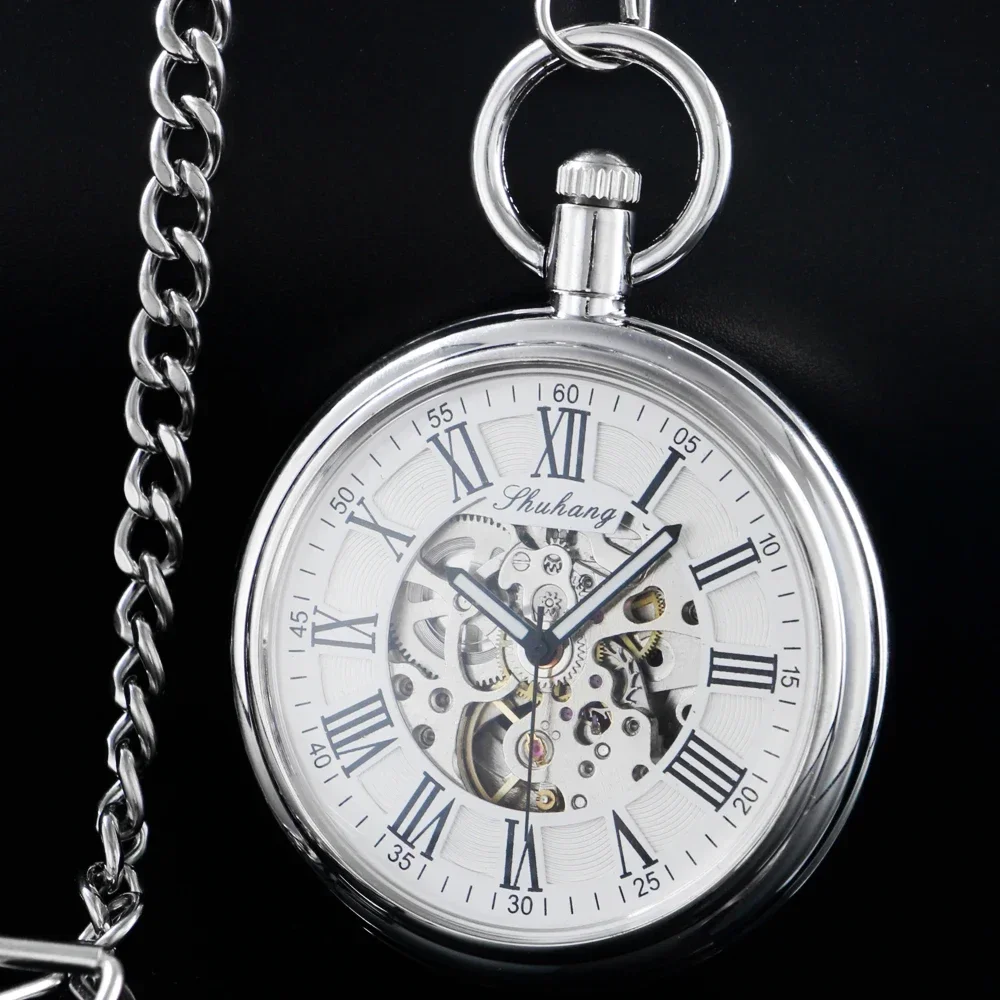 

SHUHANG New Mechanic Watch Men Automatic Self Winding Pocket Watch Silver Simple Open Face Chain Pendant with Roman Number