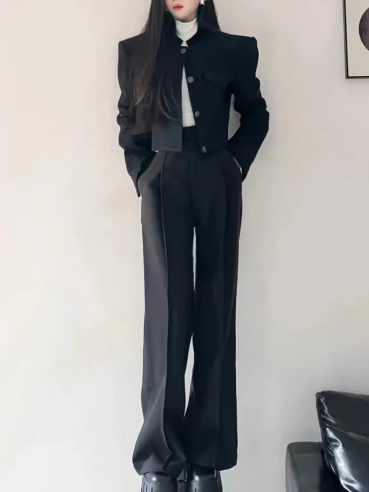 Women Fashion Elegant Casual Business Black Trousers Suit Vintage Crop Blazer Jackets and Pants Two Pieces Set Female Pantsuits