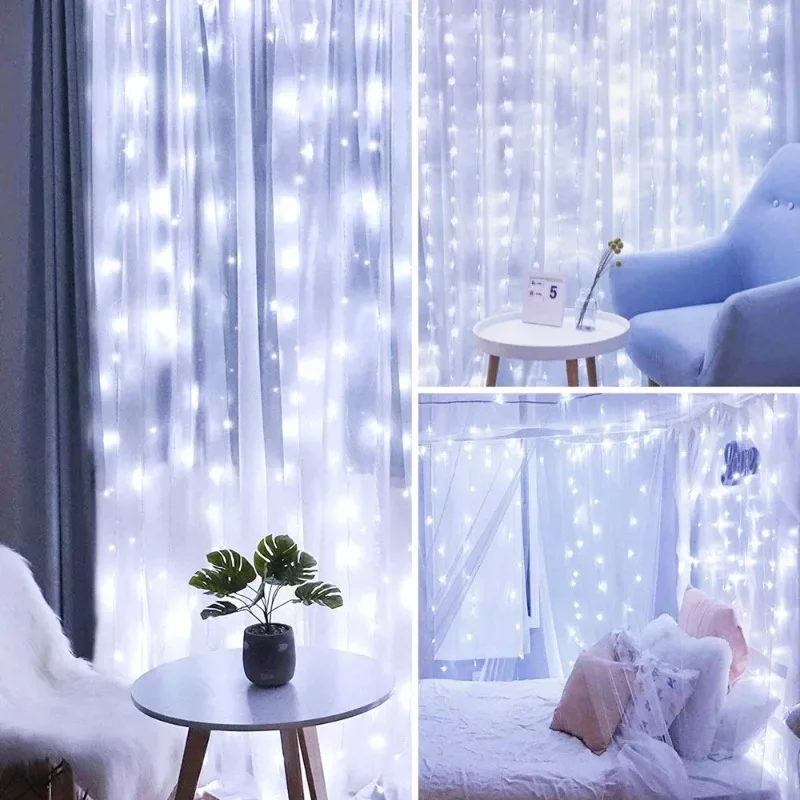 USB-Fernbedienung, 6 x 3 m, LED-Vorhang, Girlande auf dem Fenster, Lichterkette, Hochzeit, Weihnachtsdekoration für Schlafzimmer, Zuhause, Neujahr – Detail 1