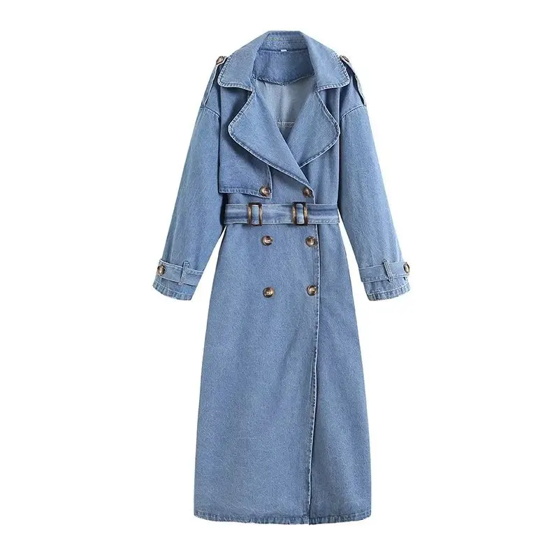 Blue Jeans Women Long Jacket With Belt  Denim Clothes Female Spring Office Lady Business Work Wear Hot Girl Coat Prom Dress