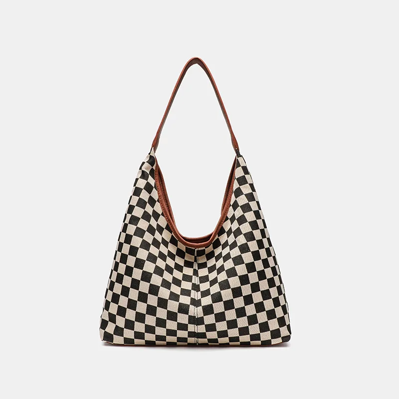 

Vintage checkerboard patterned large capacity tote bag, crossbody shoulder bag, handbag, note bag, and women's bag