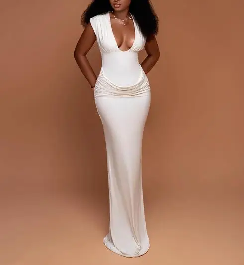 

Women's Dress 2025 Summer Sexy New French Style Elegant and Fashionable Deep V-Neck Pleated Patchwork Design Hip Hugging Dress