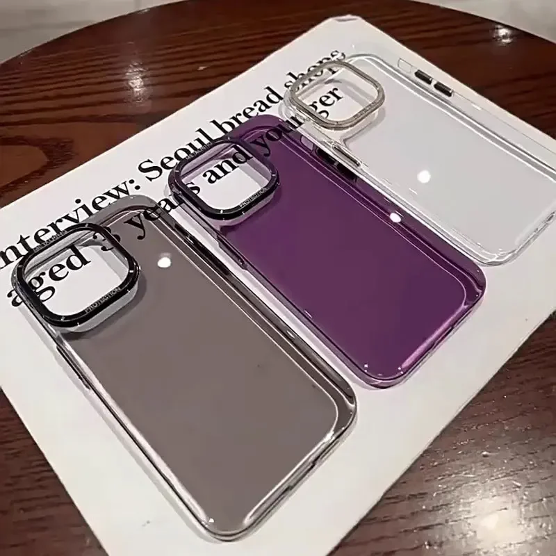 Transparent metal camera frame protection phone case for iPhone 15 14 13 12 Pro Max Plus Ultra thin non-yellowing hard back case