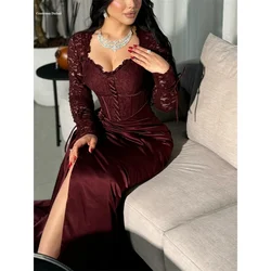Contessa Dubai Lace Embroidery Sleeve Prom Dresses Side High Slit vestidos de noche Pleats Formal Evening فساتين سهرة Customized