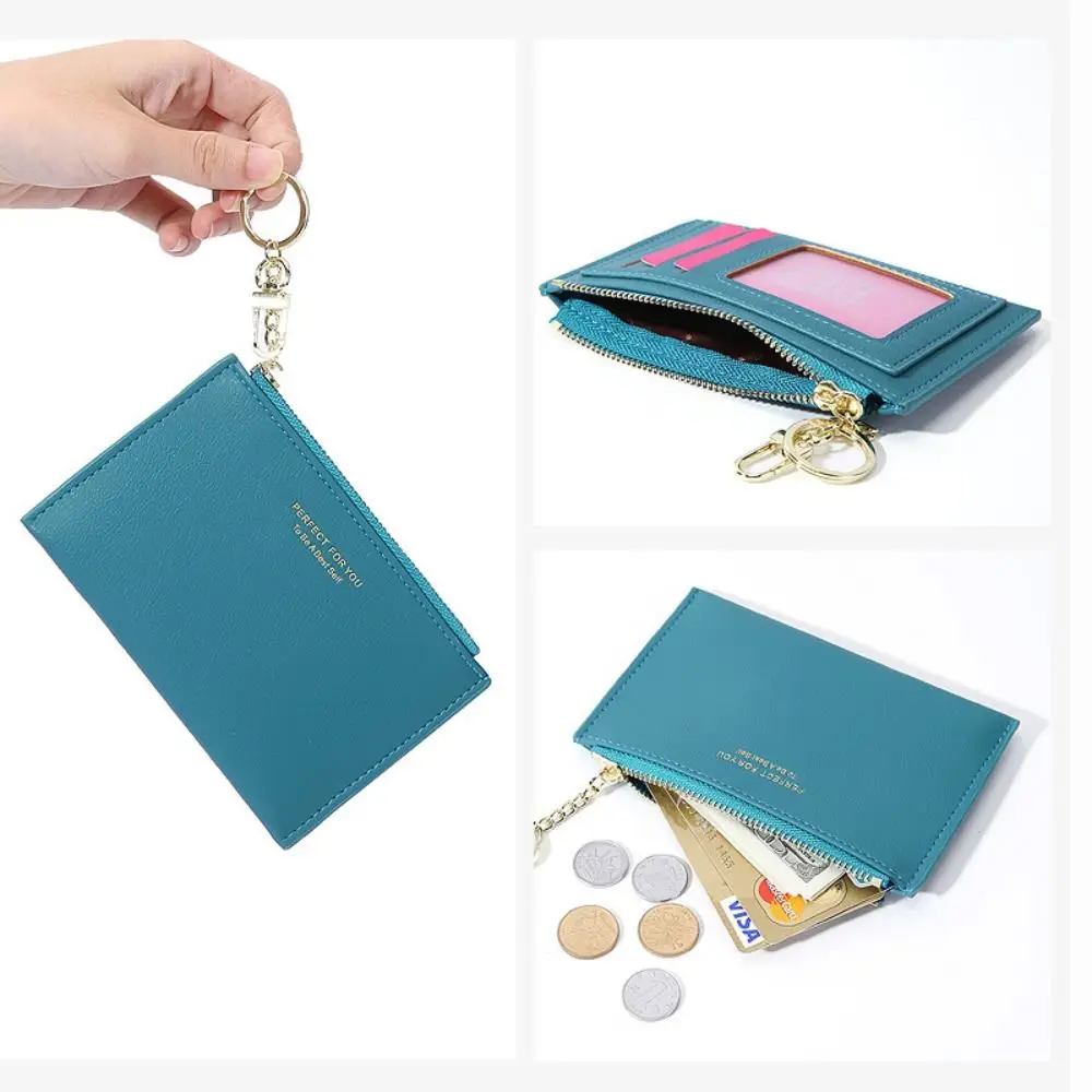 

Портативный студенческий кошелек из искусственной кожи, ультратонкий однотонный мини-кошелек для монет с брелоком, несколько слотов, держатель для карт на молнии