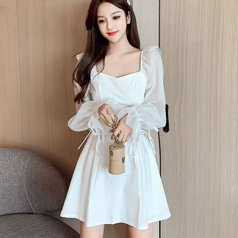 Square Collar Dresses for Women All-match Chic Bandage Design Chic Defined Waist Streetwear Sweet Sexy Girls Spring Vestidos Y2k