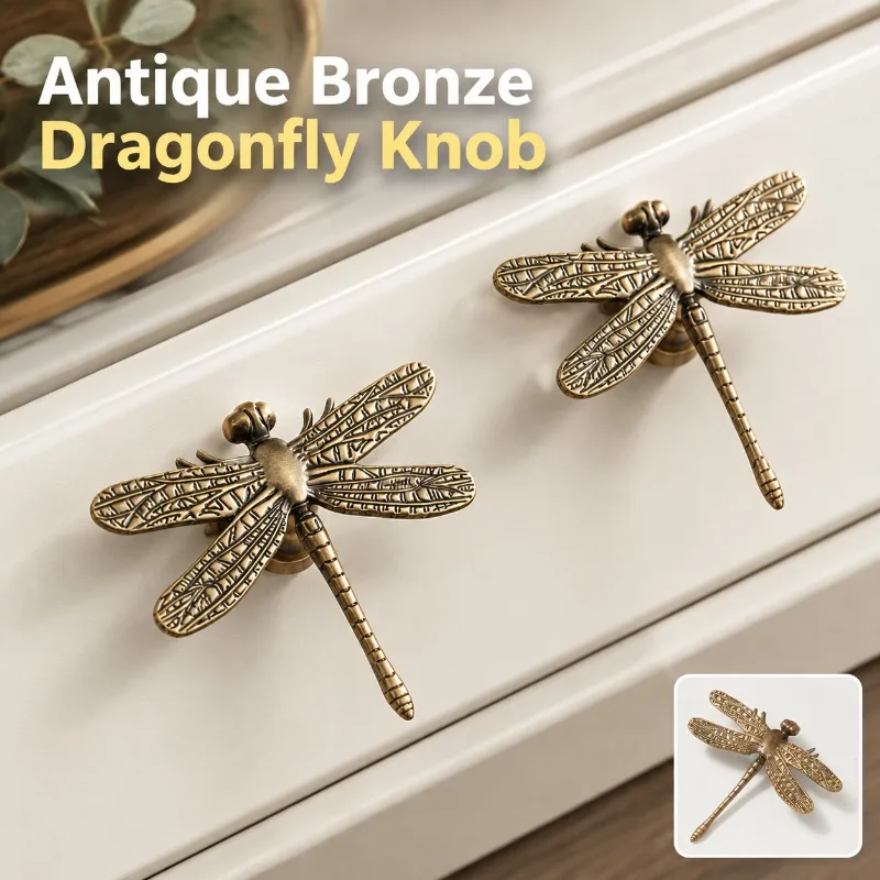 Zinc Alloy Dragonfly Cabinet Pull Handle, Antique Bronze Matte Single Hole Drawer Knob, Decorative Hardware for Cupboard Wine
