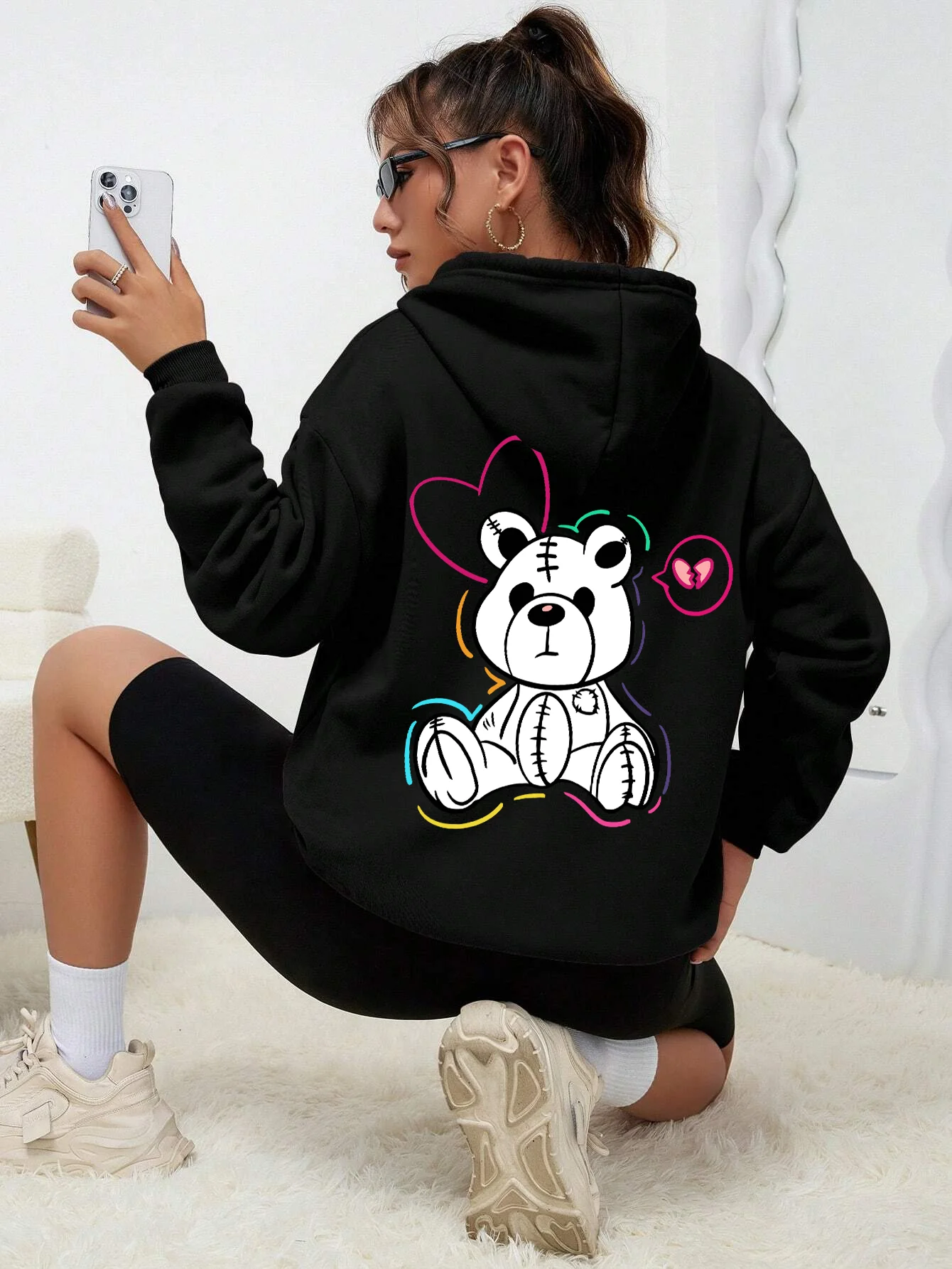 

Broken Teddy Bear Puppet Printed Hoodies Women Harajuku Casual Fleece Hoodie Fashion Oversize Hoody Autumn Warm Loose Pullover