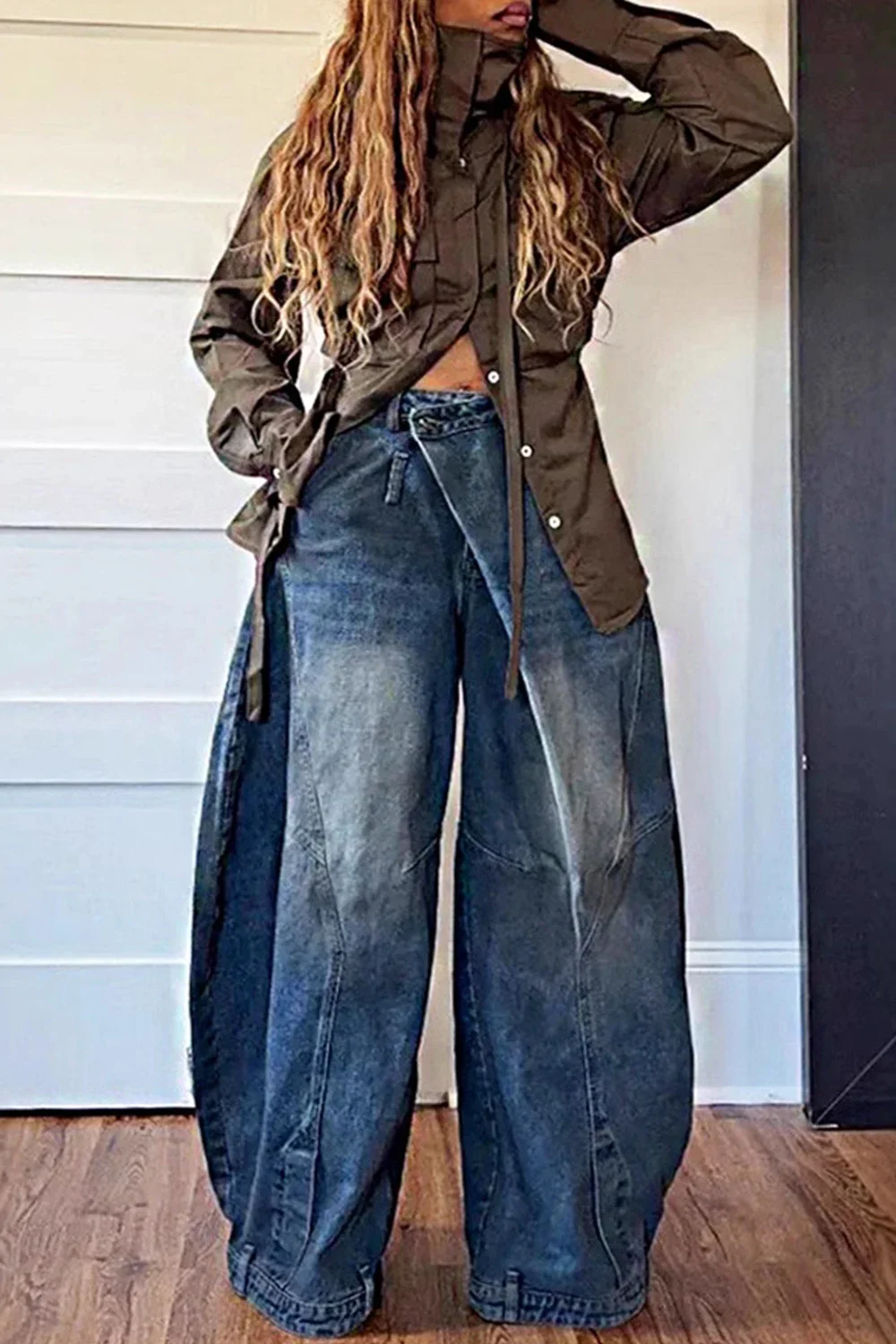 

Women Loose Denim Jeans Pants Washed Casual Harajuku High Street Grunge Denim Asymmetric Button Pocket Trouders Jeans for Women