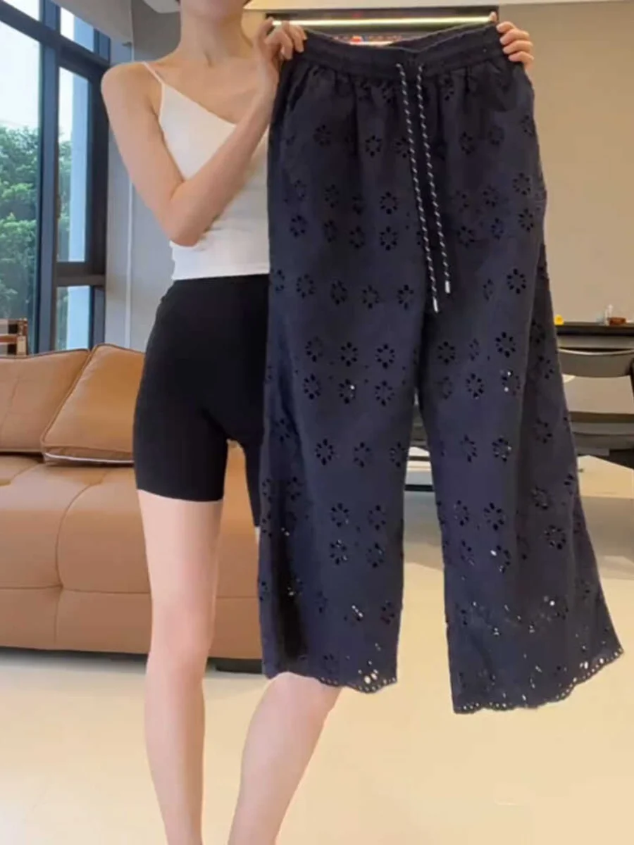 

Брюки женские премиум-класса с высокой талией, прямым кроем, кружевными вставками, повседневные, летние, больших размеров, модные, из тонкой ткани, девять частей