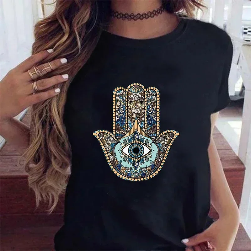 Hamasa Hand of Fatima Print Women\'s T-Shirts Lucky Hamsa Hand Harajuku Unisex T Shirts Summer Short Sleeve Black Top Tees Female