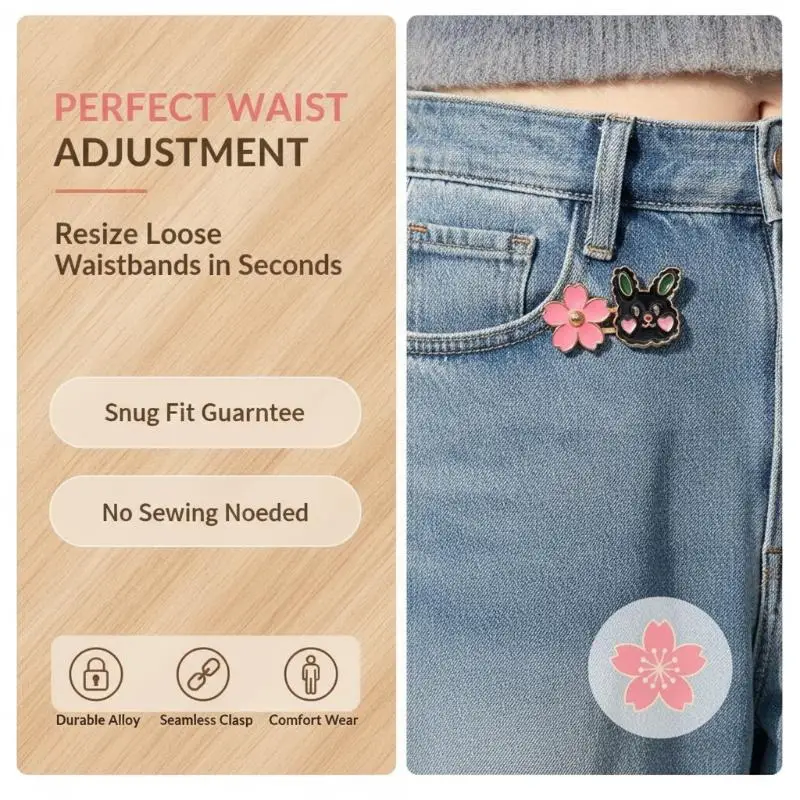 Durable Non-Falling Pants Waist Adjustment Buckles 2Pcs Flower Rabbit Pattern Metal Shank Button Pins for Daily Jeans Use