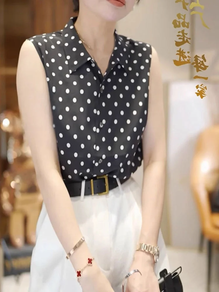 Polka Dot Design Single Button Svel irt 2025 Summer Faion Top Slimming Korean Sle Straight Cut Silk Vest