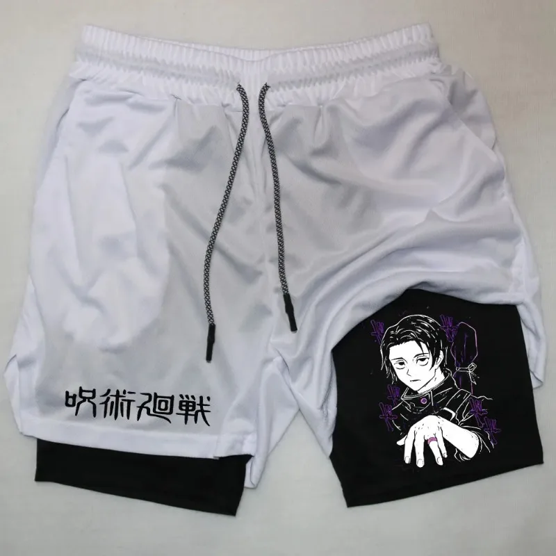 2-in-1 Compreesion Shorts for Men Gym Workout Running Athletic Anime Jujutsu Kaisen Performance with Pockets Activewear Workout