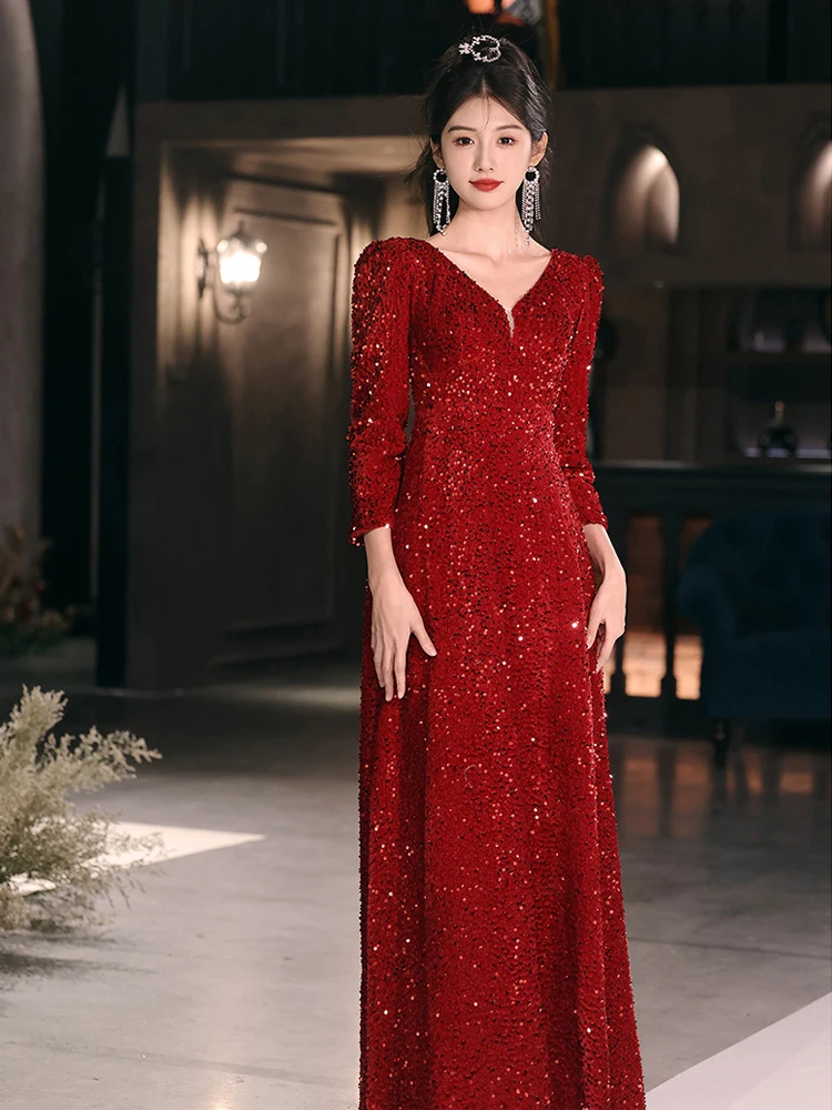 

Red Sequin Long Evening Dresses For Wedding Party Elegant V-Neck Floor-Length Bridal Wedding Reception Dresses With Full Sleeves