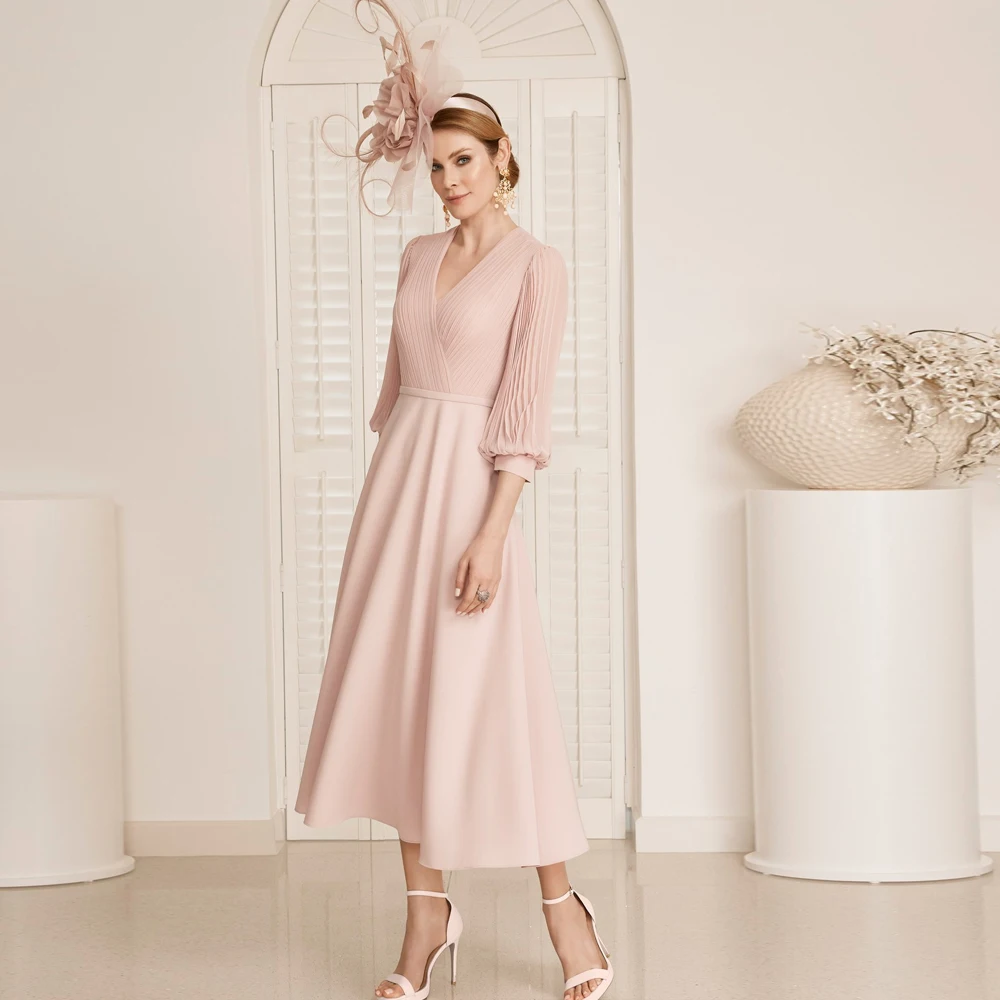 Elegante rosa Mutter der Braut Kleider V-Ausschnitt lange Ärmel Hochzeits feier Kleider Falte Tee Länge A-Linie Chiffon فساتين الس카رة