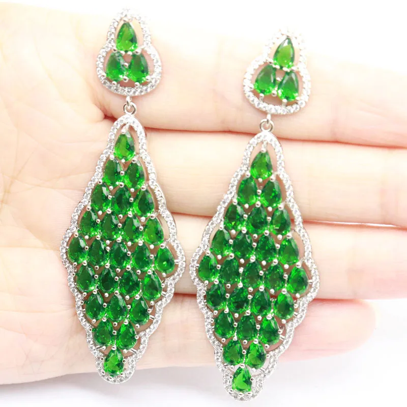 Imagem -02 - Grandes Brincos de Prata 73x25 mm para Mulher Verde Esmeralda Turmalina Rosa cz Branco Brincos de Casamento Grandes e Pesados 159g