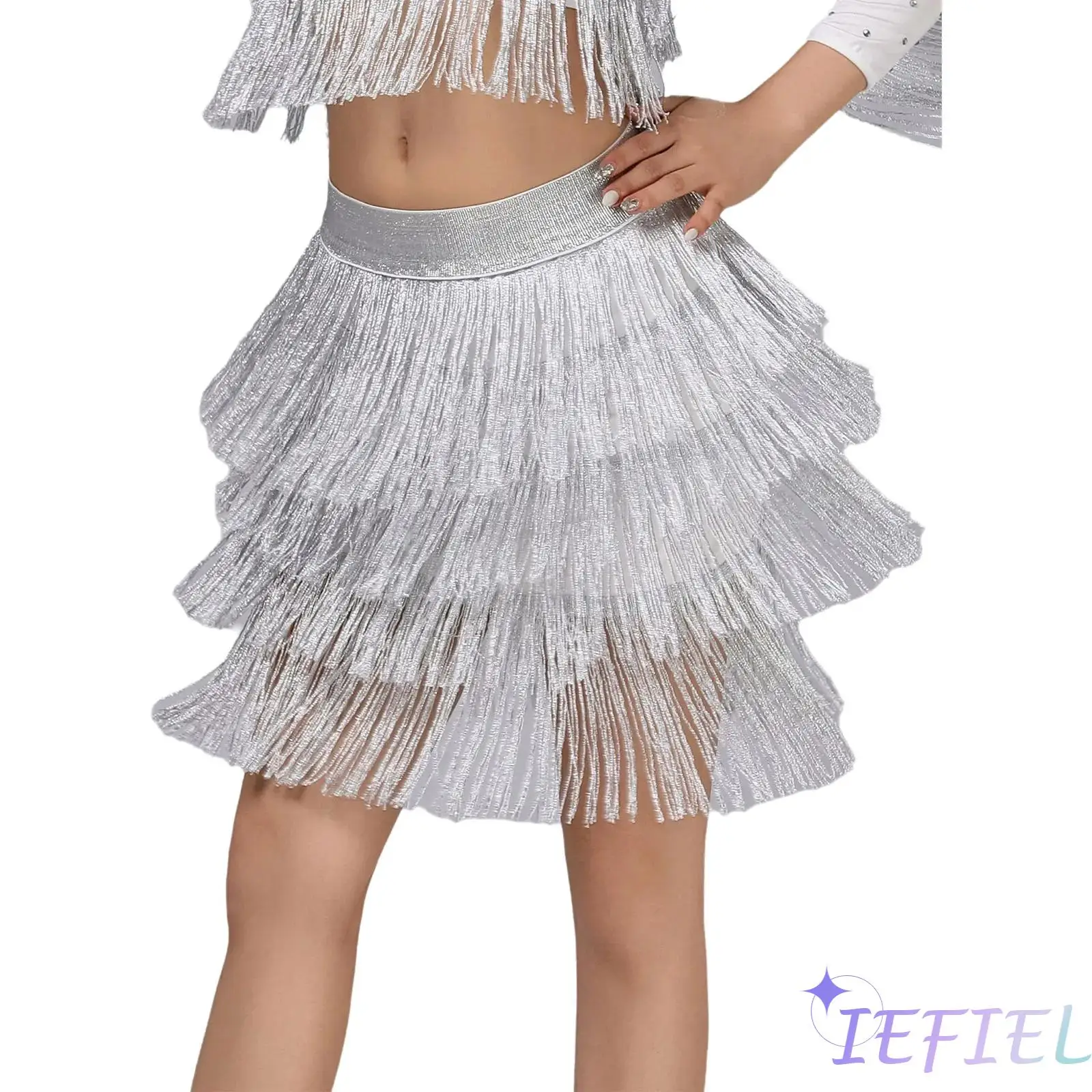 

Womens Latin Tango Tassel Skirt Shiny Elastic Waistband Tiered Fringe Swing Skirt Dance Costume for Chacha Rumba Samba