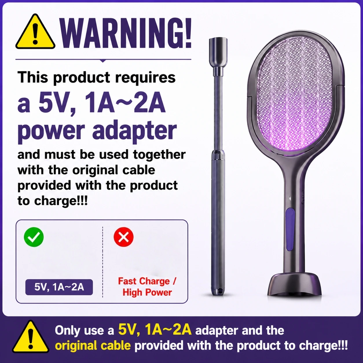 Telescopic Electric Mosquito Swatter & UV Trap Lamp, Extendable 109cm, Safe Physical Killer, Rechargeable, Wall Mount No Gap image 6
