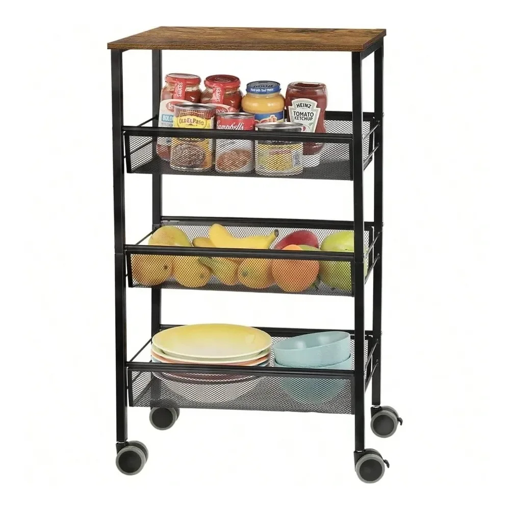 

Kitchen Island And Cart Kitchen OrganizersStorage Rolling Cart, 4 Tier Kitchen Island Cart On Wheels With Wooden Shelves, Lockab