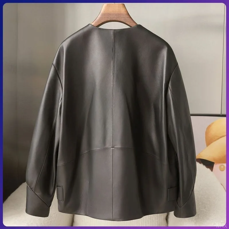 Retro-style Black Leather Round-neck Coat Loose-fitting Lantern-sleeved Leather Jacket Fashion Simple Commuter Women's Clothing