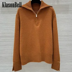 9.26 KlasonBell-Women Autumn Winter New Half Zipper Lapel Cashmere Keep Warm Knitwear Cuff Split Design All-match Sweater