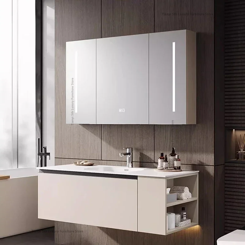 

Скандинавский роскошный умный шкаф для ванной комнаты, современный простой дизайн, зеркальный шкаф с каменной плитой, полки, мебель для ванной FYB