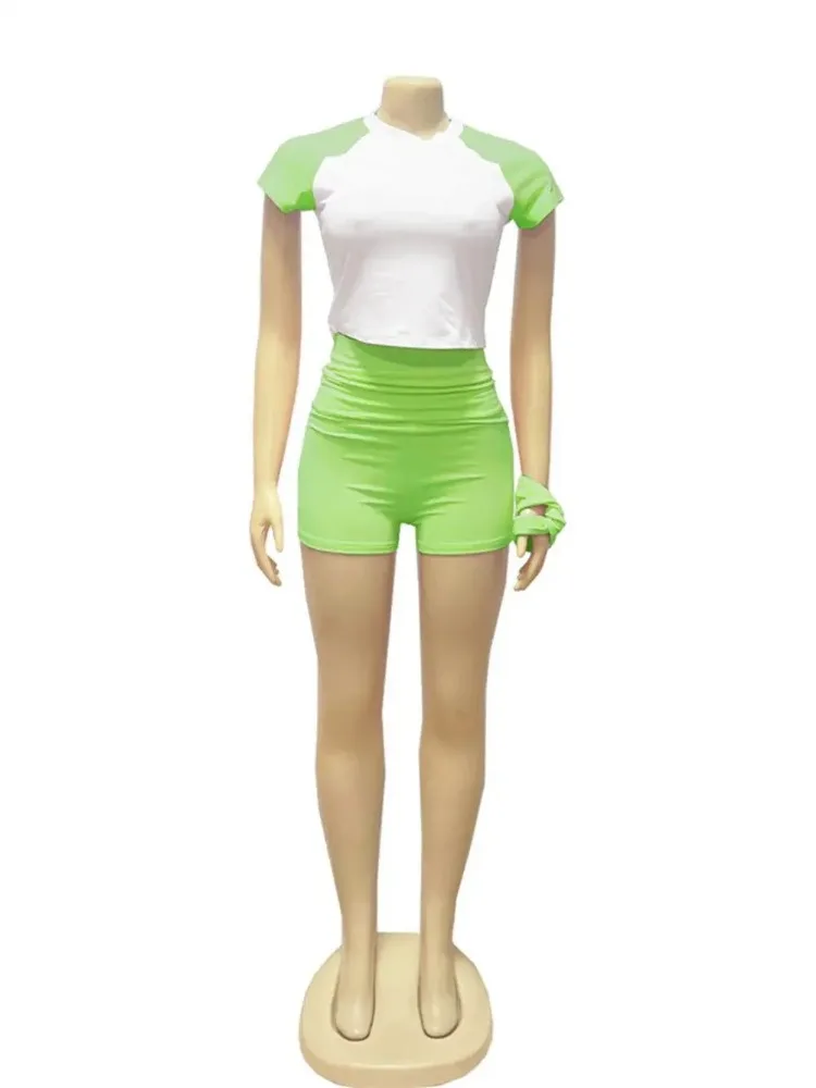 Leosoxs Sporty Patchwork 3 Piece Set Women Casual Summer Headband+Crop Top+High Waist Bike Shorts Street Matching Tracksuit