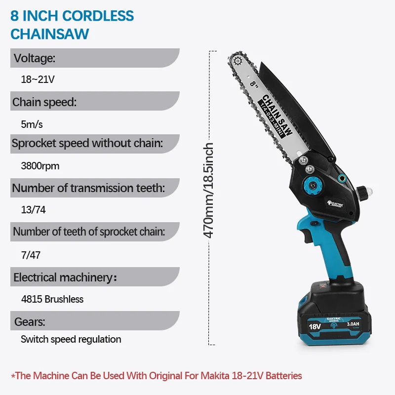 8Inch Cordless Blue Electric Chainsaw Brushless One-hand Woodworking Chainsaw Woodworking Tools For Makita 18V Power Tools