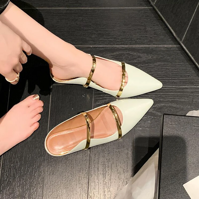 Korean Style Pointed Toe Flats Half Slippers Women 2024 Spring New Belt Strap Mules Shoes Genuine Leather Slides Females Zapatos