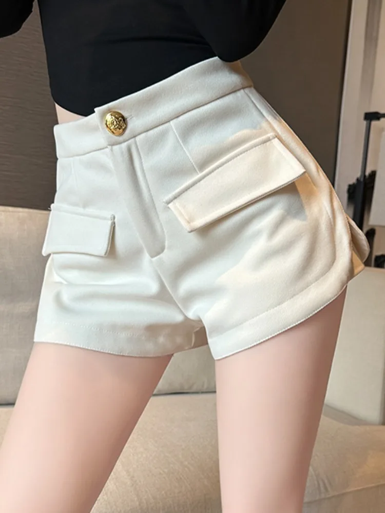 Solid design sense split woolen shorts women's autumn and winter Korean Style high waist sexy wide leg boots short pants