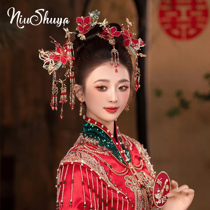 

NiuShuya Chinese Red Flower Hair Pins Earrings Wedding Tiara Headpiece Hair Accessories Hanfu Costume Hairpins Jewelry