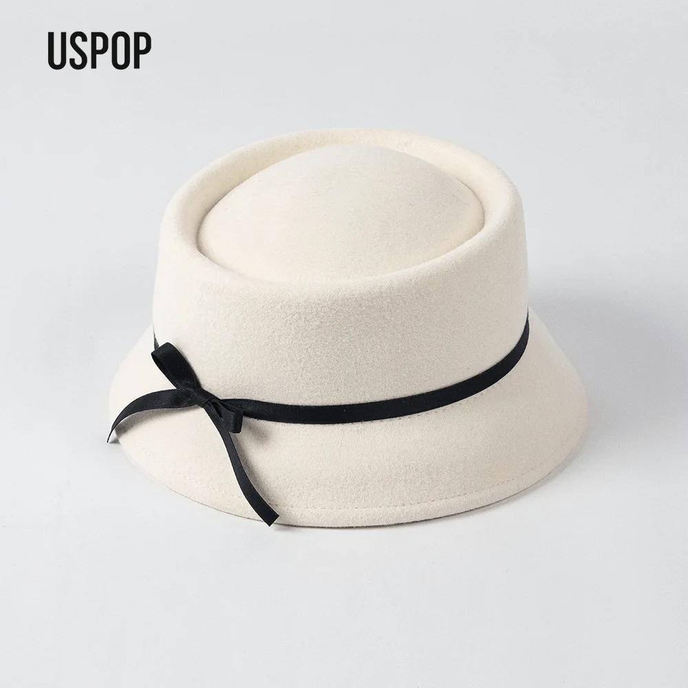 USPOP Autumn Winter Women’s Vintage Wool Cloche Bucket Hat with Round Crown Elegant Warm Felt Bowler Hat with Ribbon Bow