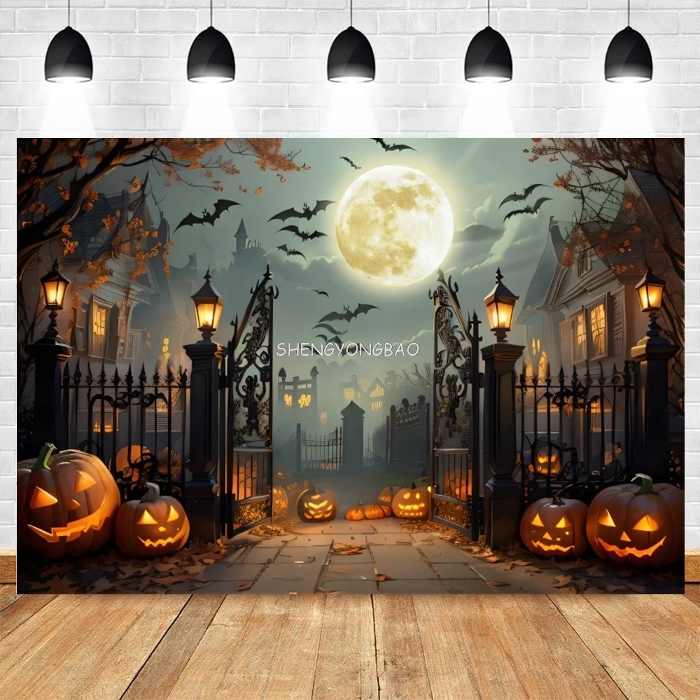 

Halloween Photography Backdrop Night Full Moon Castle Gate Bat Pumpkin Lanterns Kids Portrait Photocall Background Decor Props