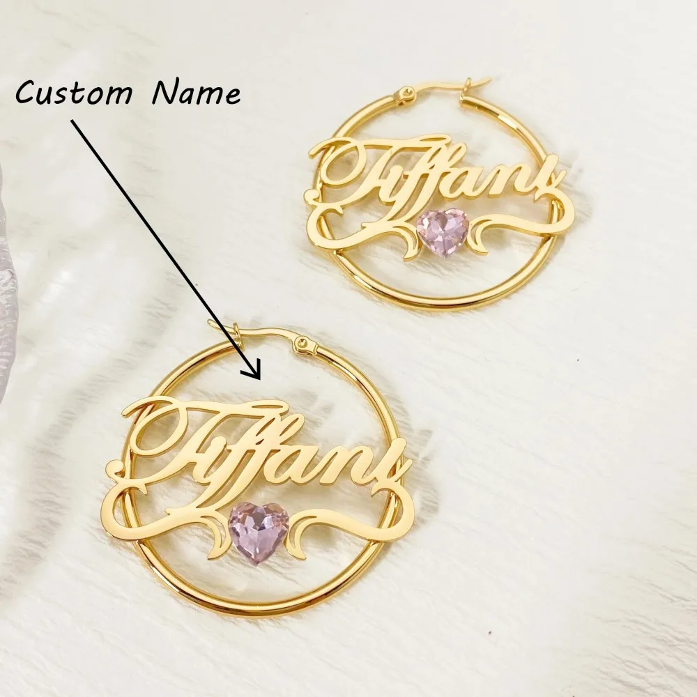 

Серьги с именем по индивидуальному заказу, персонализированные 18-каратное золотое покрытие, обруч из нержавеющей стали, серьги на заказ, ювелирные изделия, подарки для нее, Mather