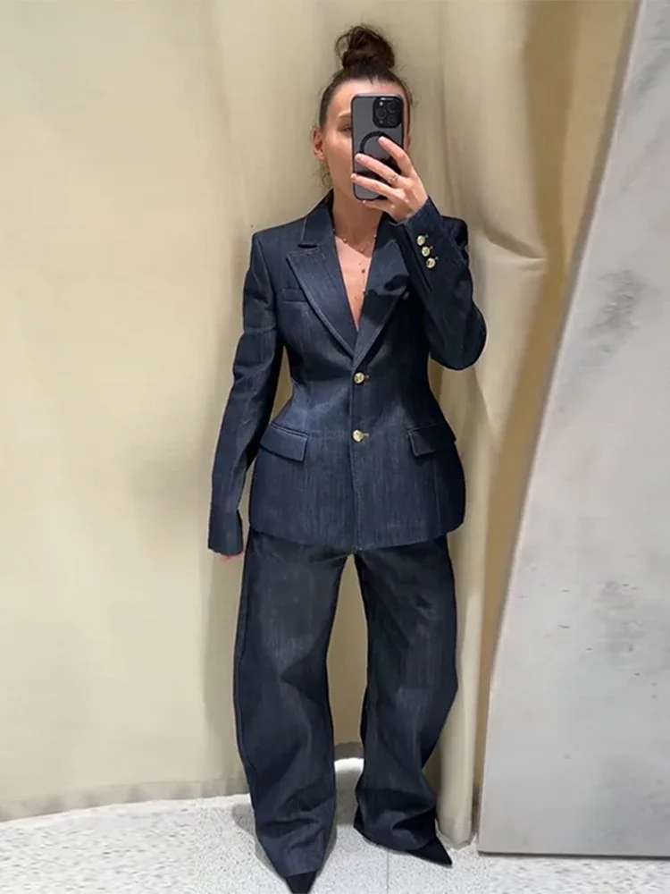 Denim Blazer Coat Tube Top Pants Sets 3 Pieces Women 2025 Spring Notched Button Up Suits Jacket Vest Wide Leg Trousers Suits