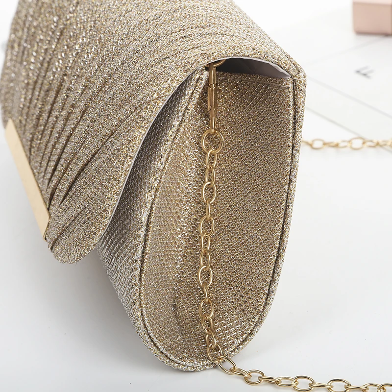 Decorative sequin pleated dinner bag Pop metal chain shoulder bag Wedding party storage bag Premium banquet evening dress bag