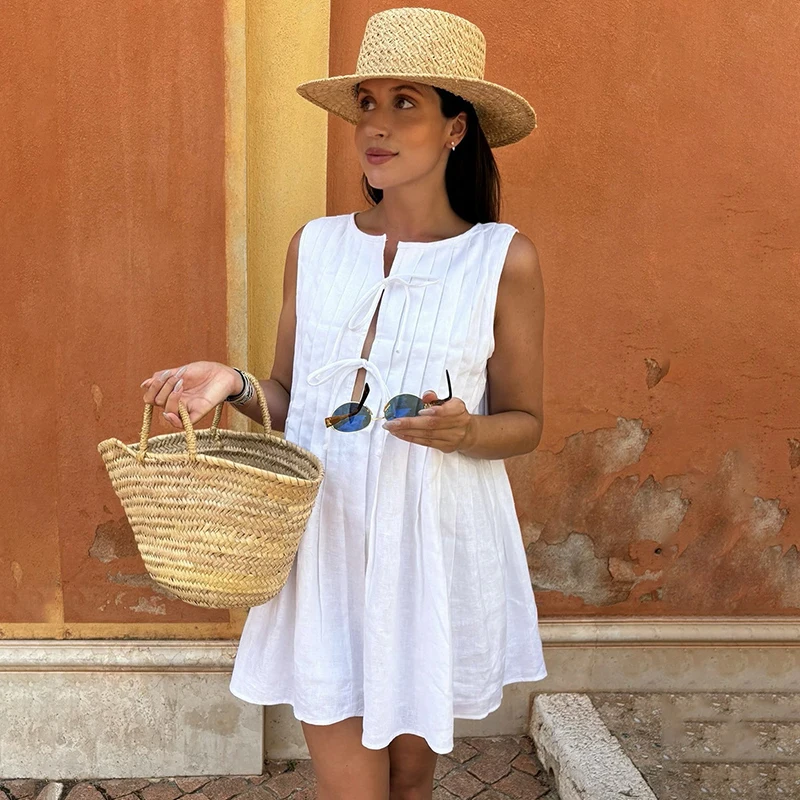 

Tornova Casual Short Pleated Tank Dress Women's O Neck Sleeveless Hollow Lace Up Dress Loose Fashion White Female Party Dress