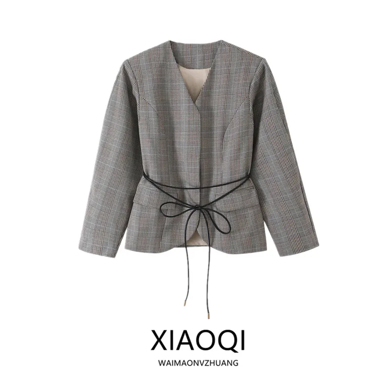 Autumn 2026 Women's Plaid Suit Jacket New Arrival Versatile Drawstring Design Commute Style 100% Other Material Short Coat