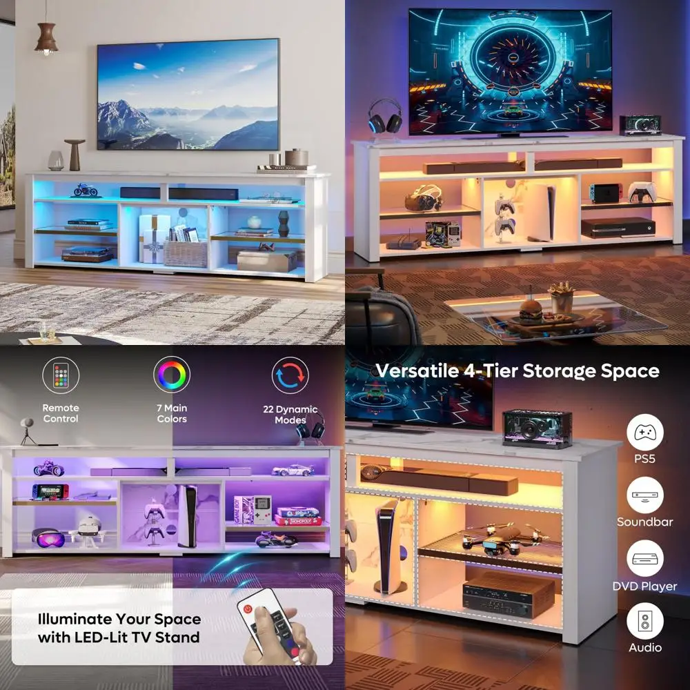 75 Inch Tall LED TV Stand Entertainment Center Adjustable Shelf Storage Gaming Console for PS5, Xbox, and More