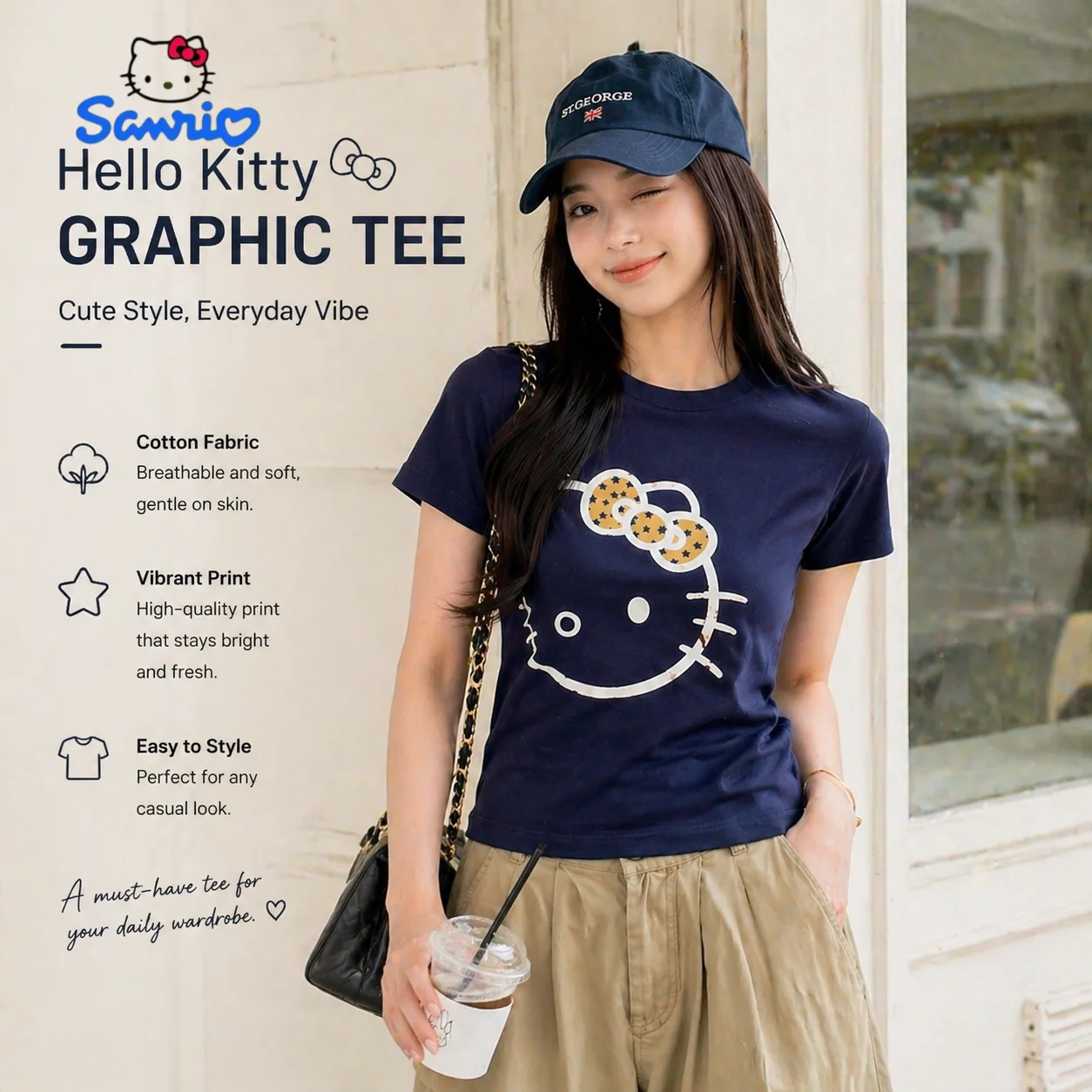 

Sanrio Hello Kitty Cotton T-shirt Women Girl Streetwear Graphic Tee Casual and Trendy Y2K Coquette Slim Fit Short Sleeve Top